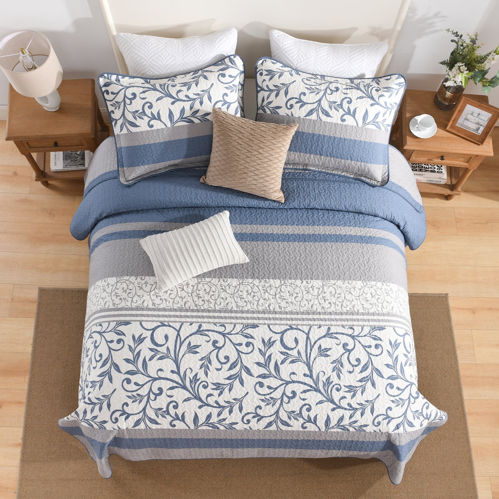 PANGUSHAN 100% Cotton King Quilt Set, Floral Striped Patterns King Size Quilt Bedding Set Bedspreads, Reversible Quilted Lightweight Comforter, Blue/Gray/White Bed Spread for King Bed, 3pcs