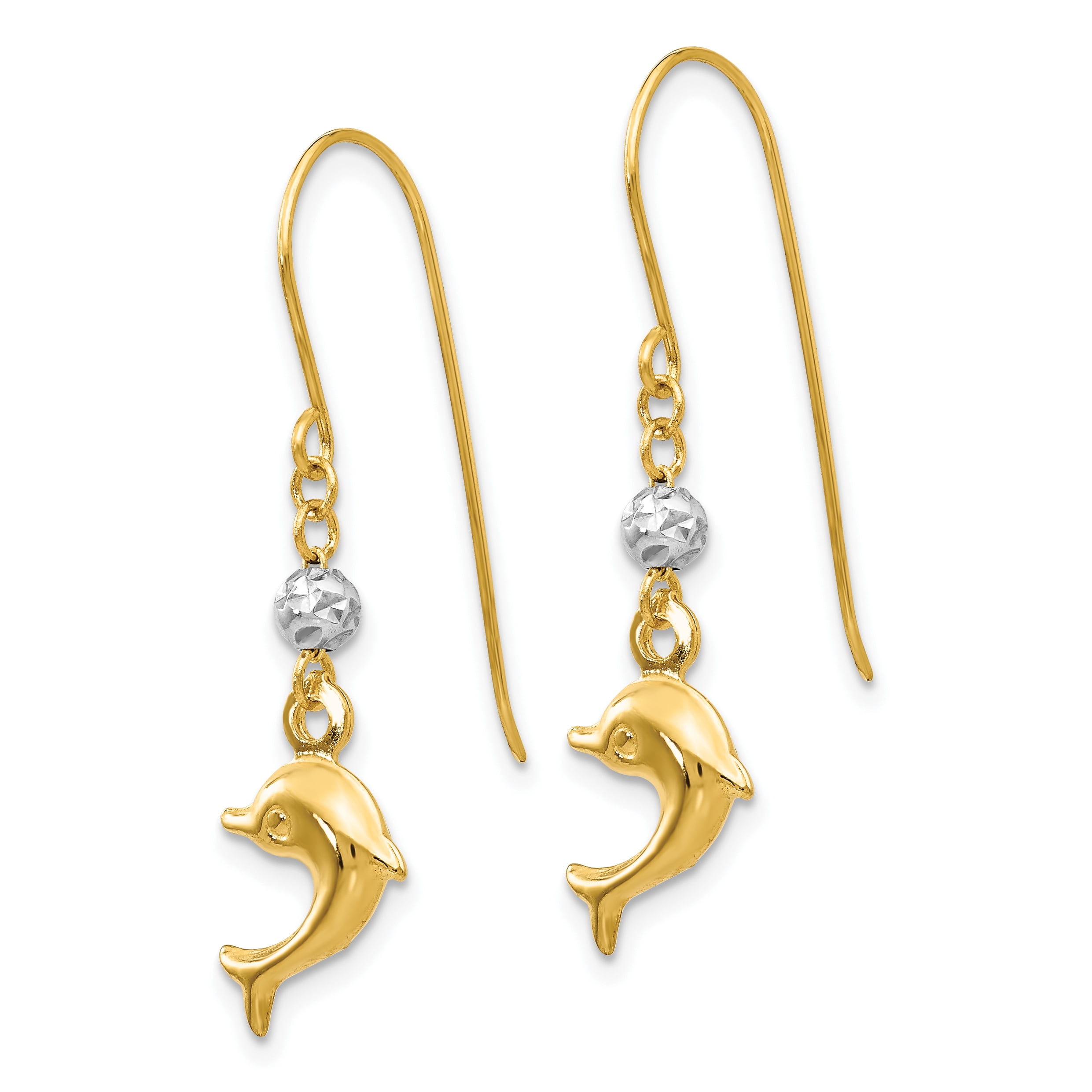 Primal Gold 14K Two Tone Gold Puffed Dolphin Shepherd Hook Earrings
