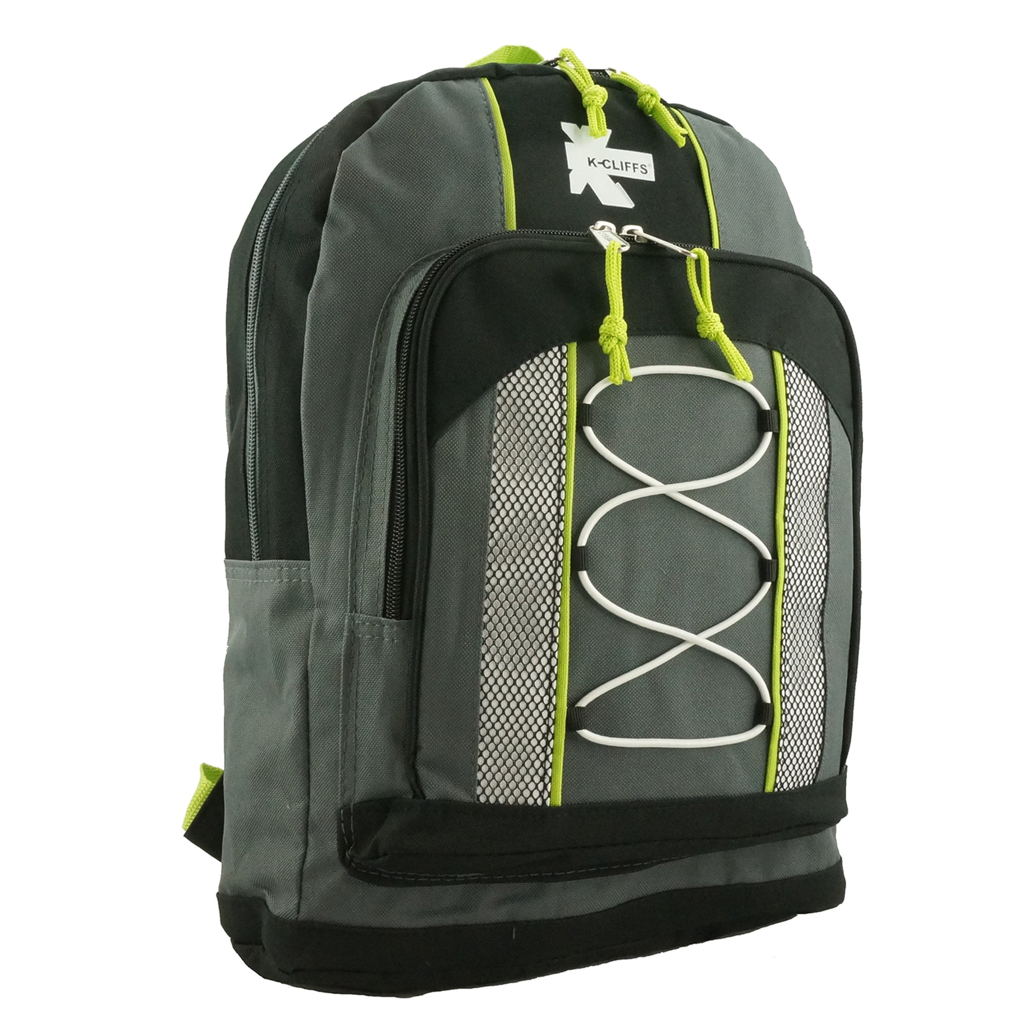 K-Cliffs Unisex 15 Lightweight School Backpack Daypack Bungee Travel Bag Kids- Adults Grey/Blk Polyester
