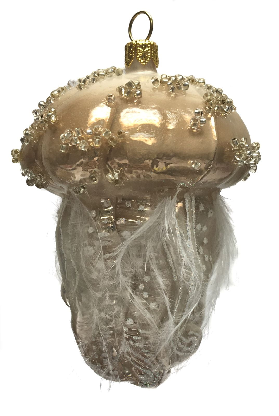 Brown Beaded Jellyfish with Feather Tentacles Polish Glass Christmas Ornament 