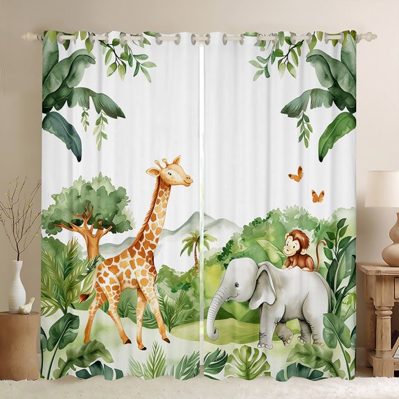 Feelyou Kawaii Giraffe Elephant Black Out Curtains, Jungle Wildlife Animal Curtains Pack of 2 (42x63 Each), Teens Boys Girls Kids Bedroom Curtains, Black Out Curtains Decor