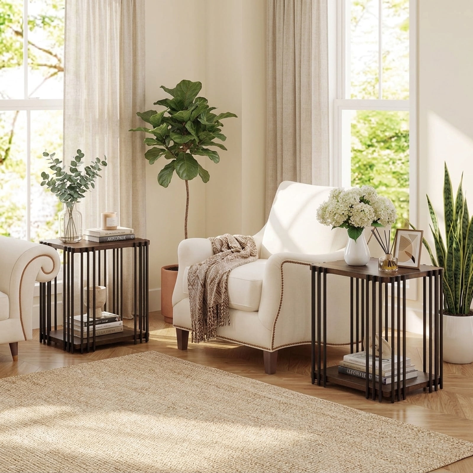 Furnibear Rubber Wood Side Table Set of 2 with 2 Layer Storage Shelves and Black Metal Frame for Living Room Bedroom and Sofa Side Storage, Walnut