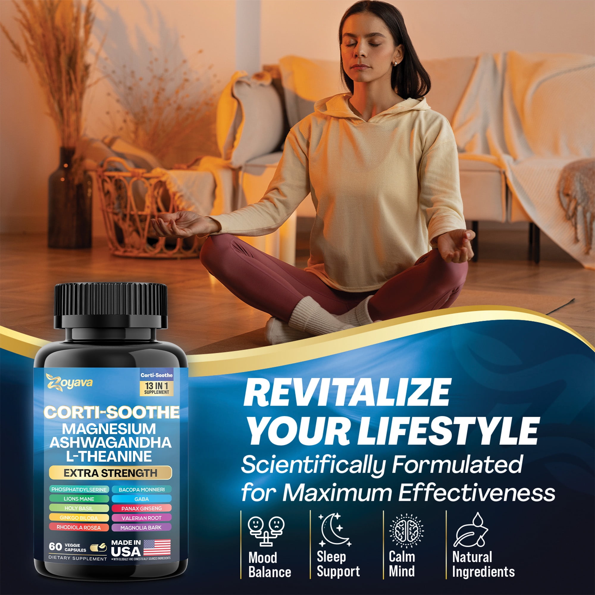 Cortisol Supplement Magnesium Glycinate 200mg L-Theanine 150mg Ashwagandha 150mg Phosphatidylserine 50mg & Cortisol Manager Lions Mane Holy Basil Ginkgo Biloba Bacopa Monnieri Valerian Root (60 Caps)