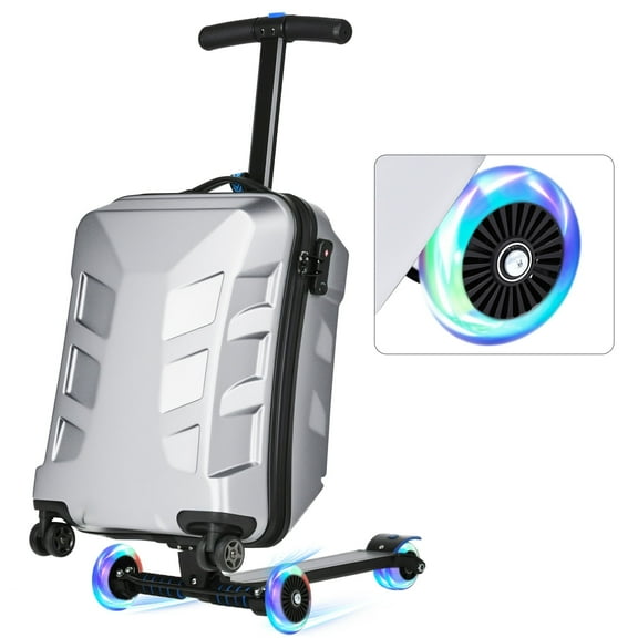 Advwin Scooter Suitcase for Kids & Adults, 3-D Hardshell Ride On Scooter Luggage with LED Light Up Wheels, TSA Lock, Lightweight Foldable Carry On Rideable Suitcase for Children Teenagers, Silver
