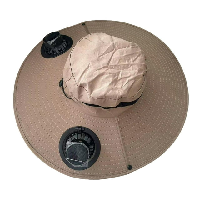 Sombrero de ala ancha para exteriores, para pesca, playa, con 2 ventiladores solares, ligero caqui