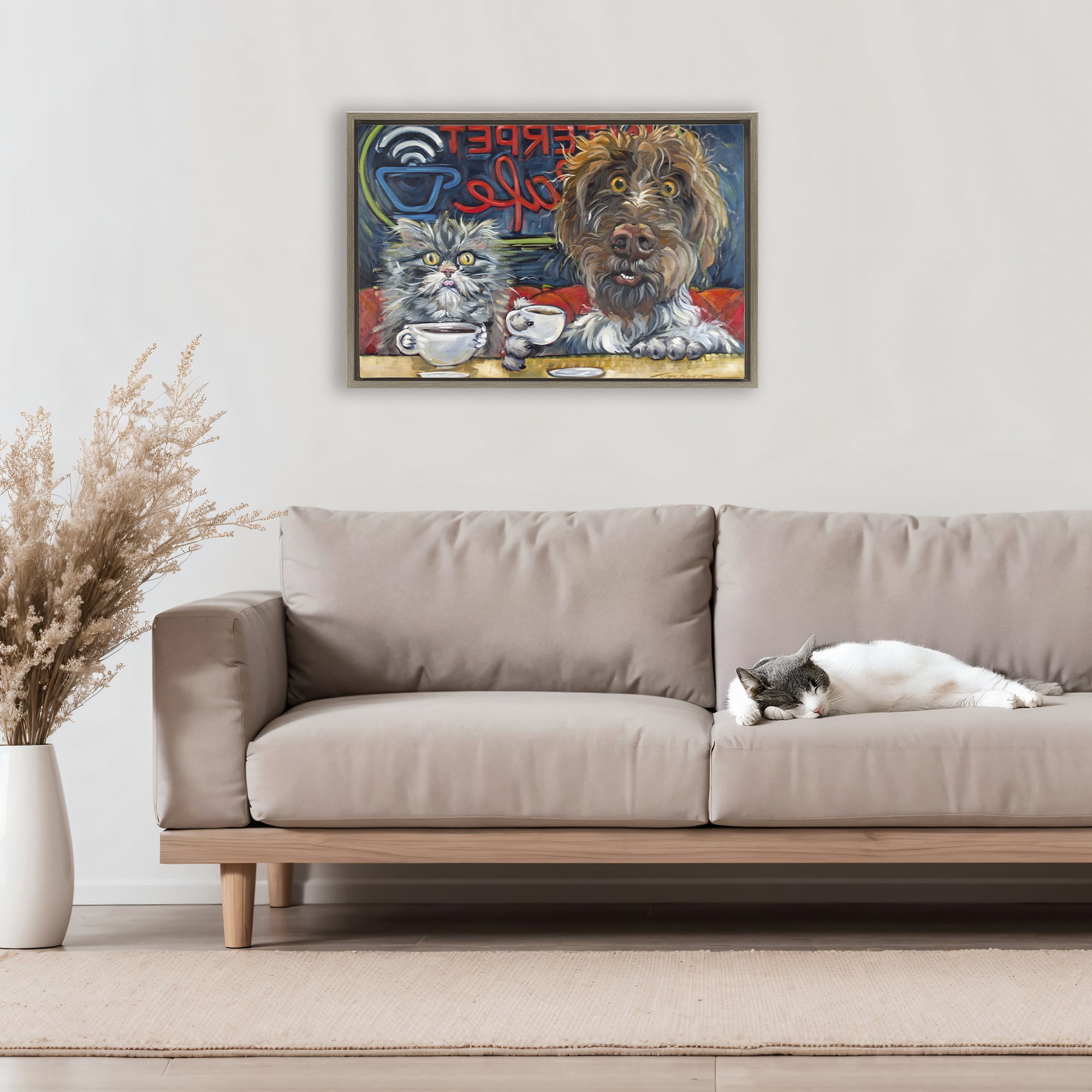 Stupell Industries Pets Wired At The Cafe Brown Framed Floater Canvas Wall Art, design by CR Townsend