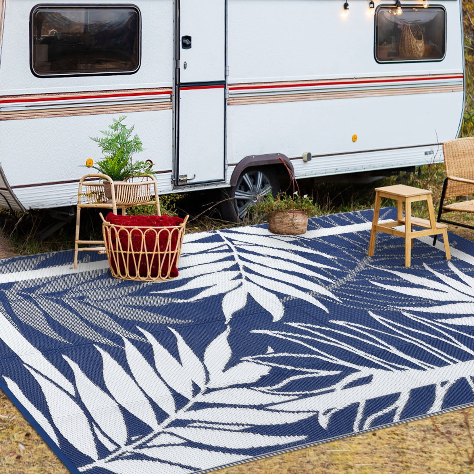 Outdoor Waterproof Reversible Rug – Modern Plastic Patio Carpet, UV & Mark Resistant, Easy Clean, Non-Slip – Ideal for Garden, Backyard, Deck, Porch, Picnic – 8x10ft Navy/White