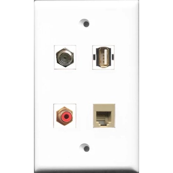 RiteAV 1 Port RCA Red and 1 Port Coax Cable TV- F-Type and 1 Port USB A-A and 1 Port Phone RJ11 RJ12 Beige Wall Plate