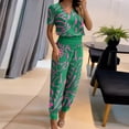 thumbnail image 2 of Atogsazn 2 Piece Lounge Sets Women Summer Outfits Casual Round Neck Pattern Solid Short Sleeve Blouse +Loose Jogger Pants Sets Green M on Clearance, 2 of 6