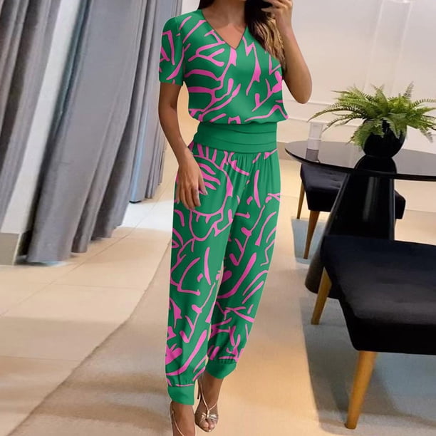 ICHUANYI Clearance Fashion Woman Round Neck Pattern Solid Short Sleeve Blouse +Loose Pockets Pants Sets(Green, L) ICHUANYI WER2023080813508