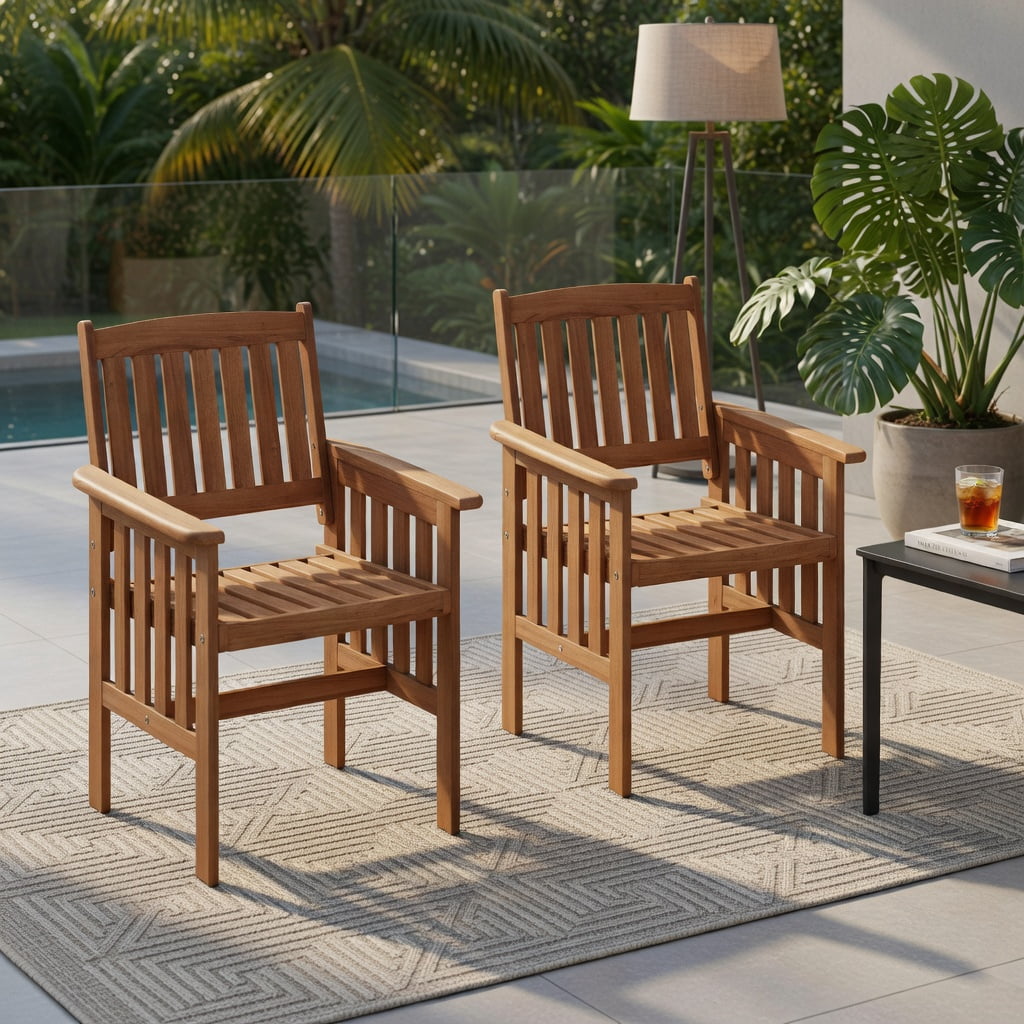 Hommoo 2-Piece Solid Wood Outdoor Patio Chairs Set, Ergonomic Slatted Seat, Inclined Backrest & Armrests for Porch, Balcony & Backyard, Natural