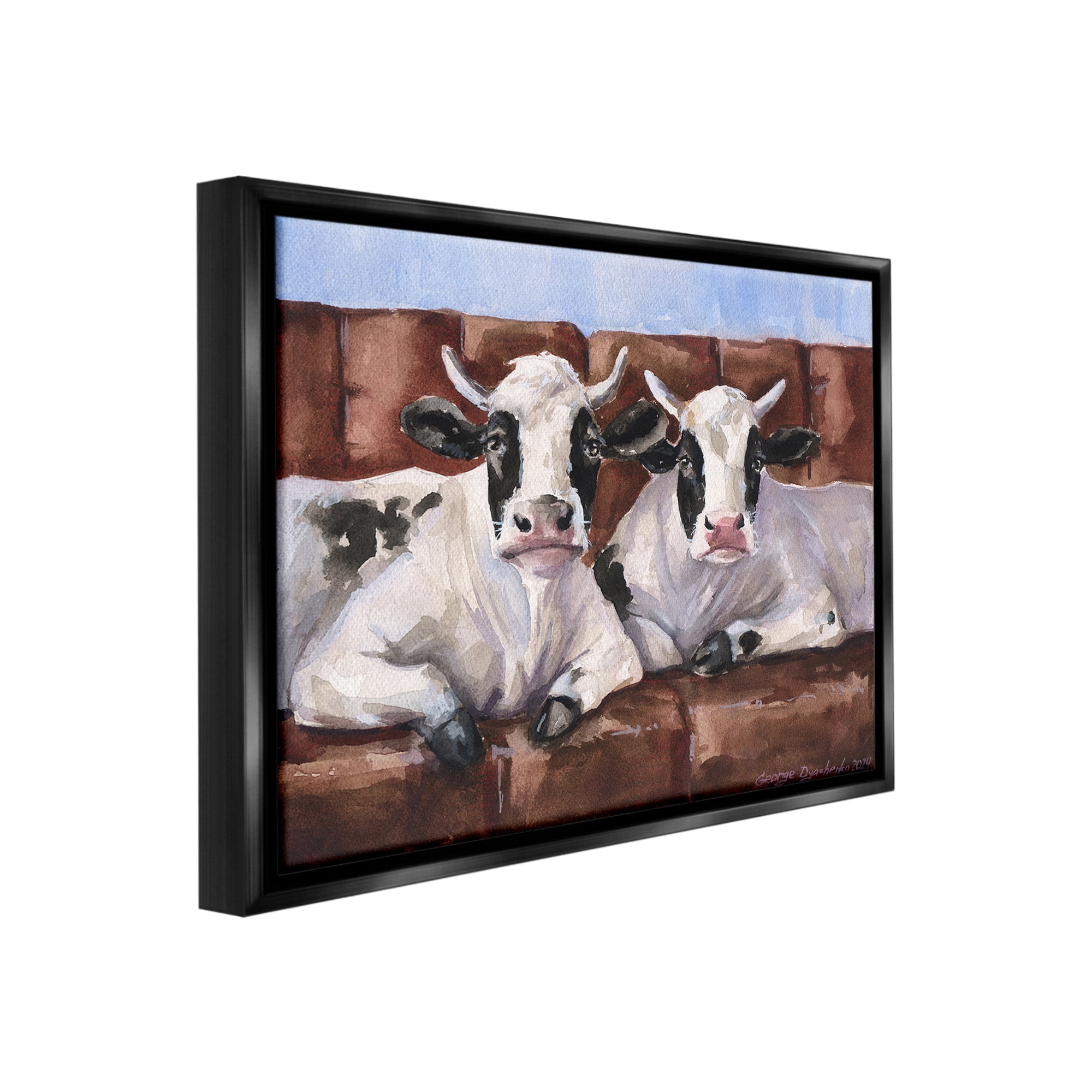 Stupell Industries Cows on Farmhouse Couch Animals & Insects Painting Black Floater Framed Canvas Art Print Wall Art, 21 x 17
