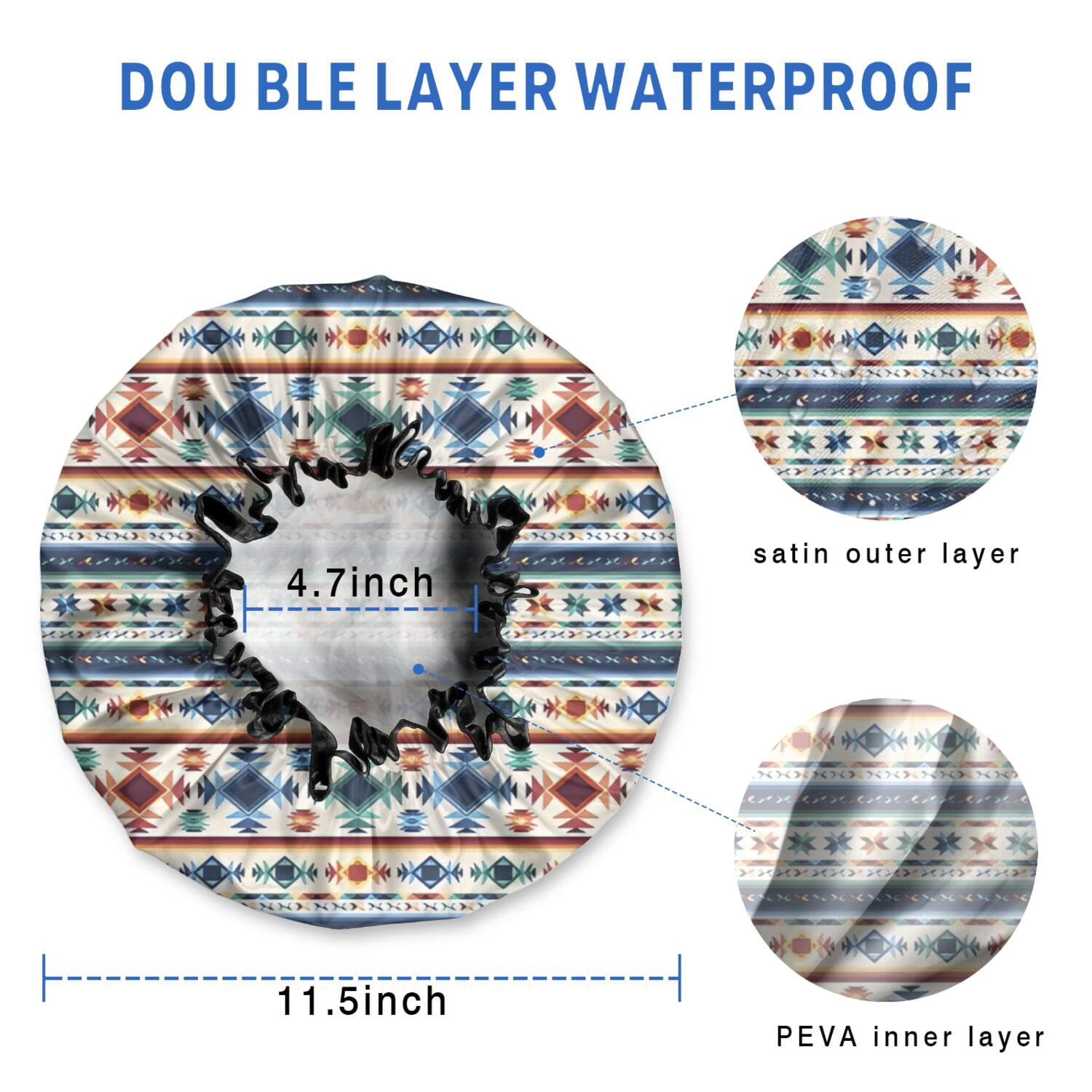 Shower Caps,Blue and Orange Geometric Boho Pattern Waterproof Shower Cap for Women 4 Pieces,Double Reusable Hair Cover for Shower PEVA Elastic Stretch Hem
