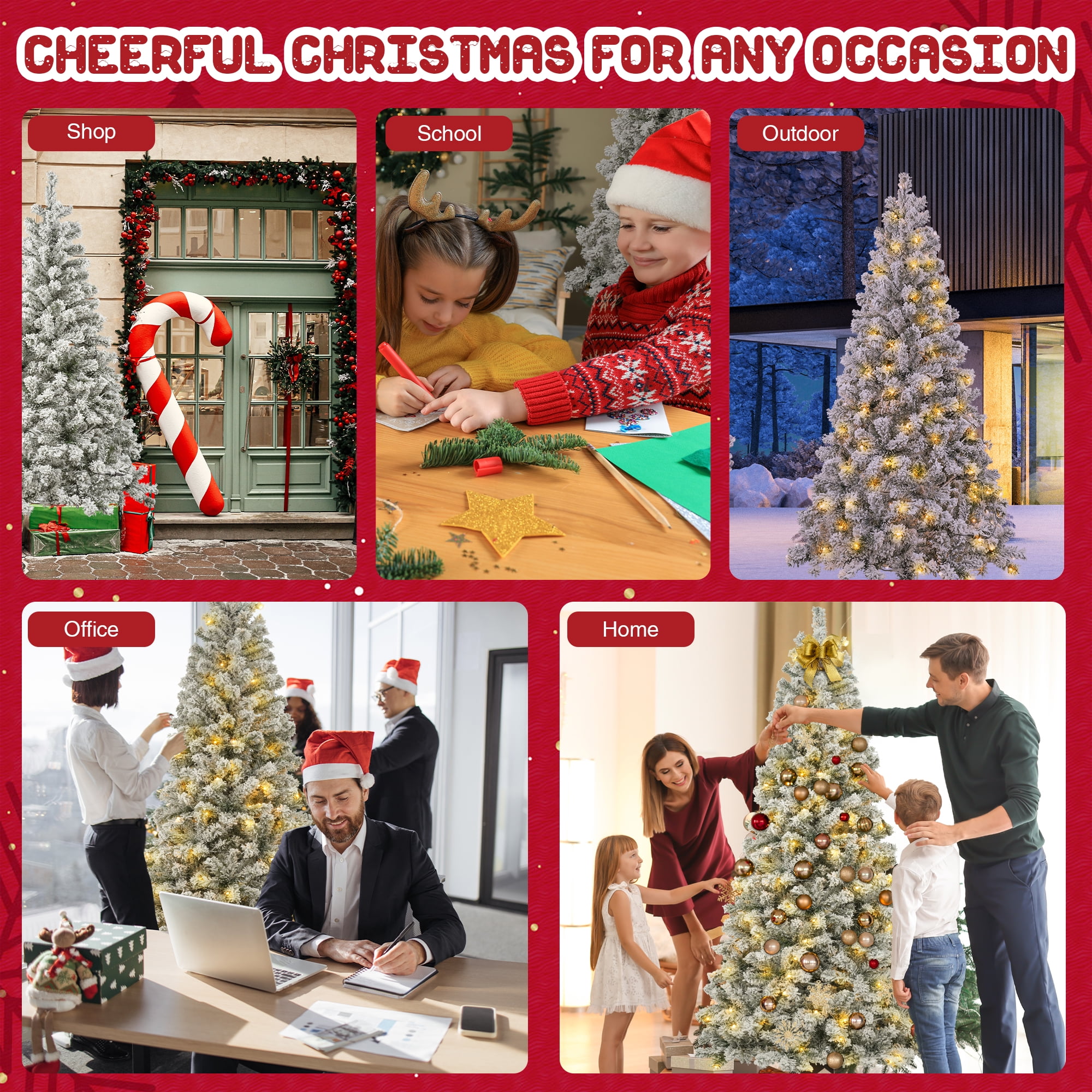 Posrue 6.5ft Pre-Lit Snow Flocked Slim Christmas Tree with 1000 Tips 250 Warm Lights, Hinged Artificial Holiday Xmas Pine Tree, White
