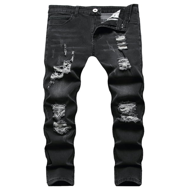 Men‘s Ripped Skinny Jeans Casual Male Slim Solid Color Long Trousers