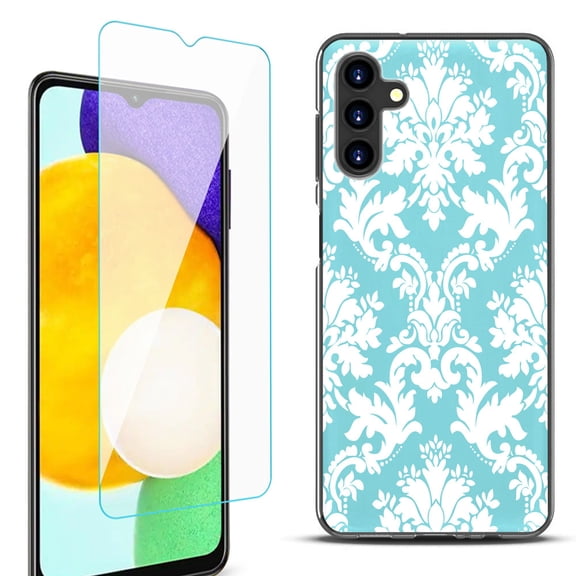 Slim-Fit Protective Fashion Phone Case (Black) for Samsung Galaxy A13 5G, with Tempered Glass Screen Protector, by OneToughShield ® - Victorian White/Teal
