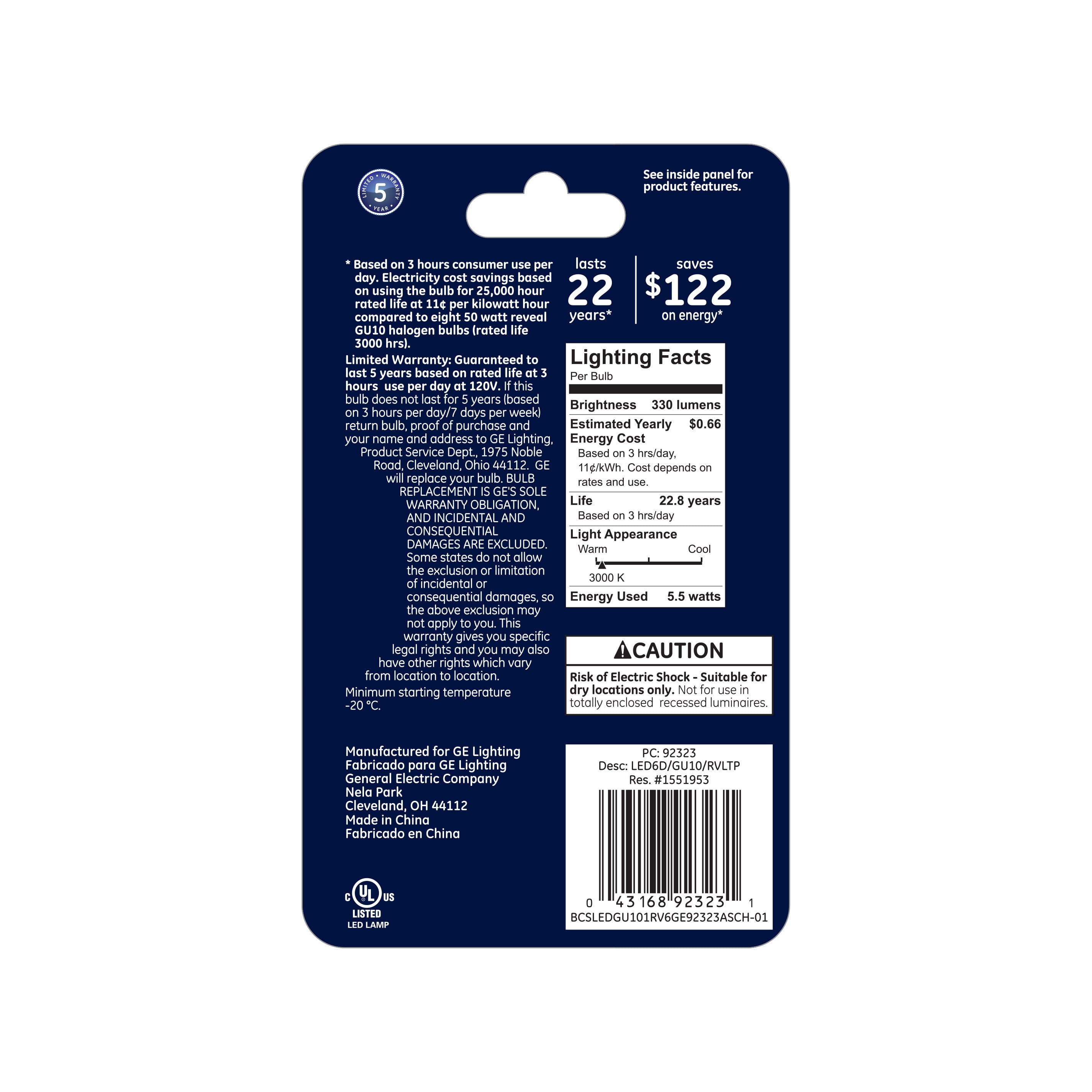 GE Reveal LED Indoor Flood Light Bulbs, 5.5 Watts (50 Watt Equivalent), HD+ Light, GU10 base, (1 Pack)