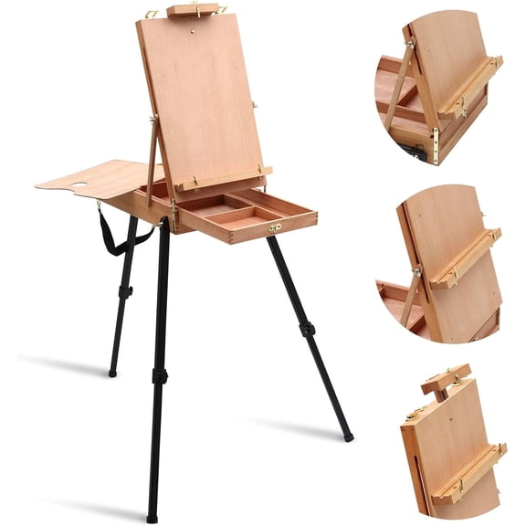 LAVFOX Lightweight French Style Field Easel with Aluminum Tripod, Adjustable Beechwood Standing Sketchbox Easel with Storage Drawer and Palette for Artists