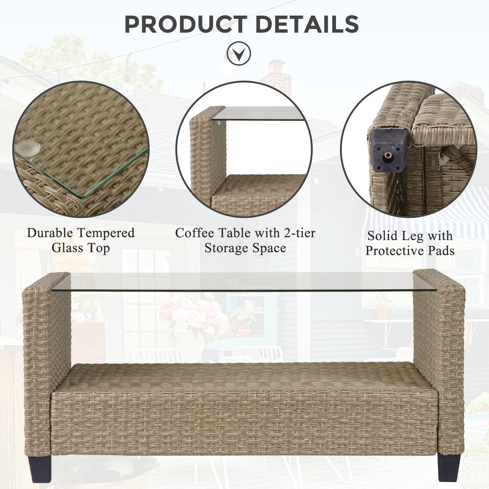 Rattan Patio Sofa Set, 4 Pieces Outdoor Sectional Furniture, All-Weather PE Rattan Wicker Patio Conversation, Cushioned Sofa Set with Glass Table for Patio Garden Poolside Deck