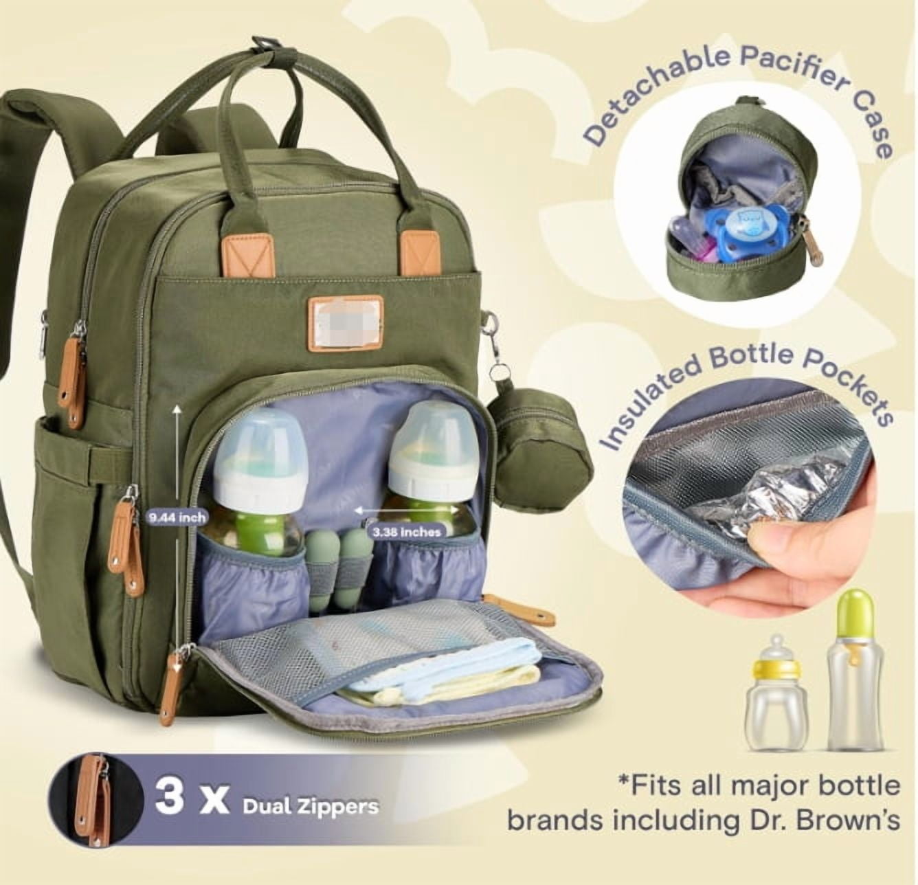 RKXQTDiaper Bag Backpack, Multifunction Travel Pack Maternity Baby Changing Bags, Large Capacity, Waterproof, Army Green
