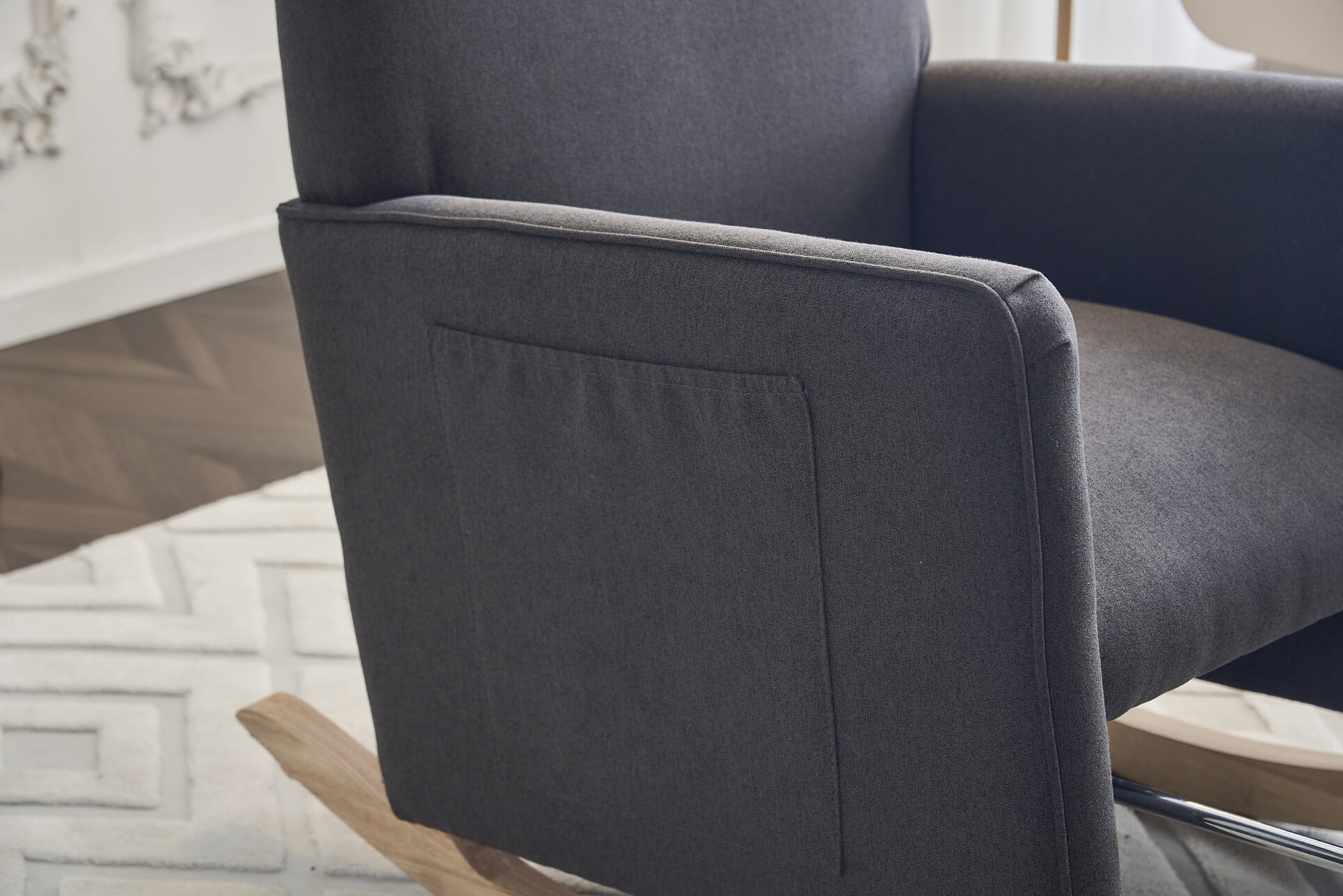 Rocking Chair Nursery Glider Chair with Adjustable FootRest, Nursery Rocking Chairs with Wood Legs Side Pocket, Cotton Linen High Back Nursing Chair, for Living Room, Bedroom, Cozy Reading, Dark Gray