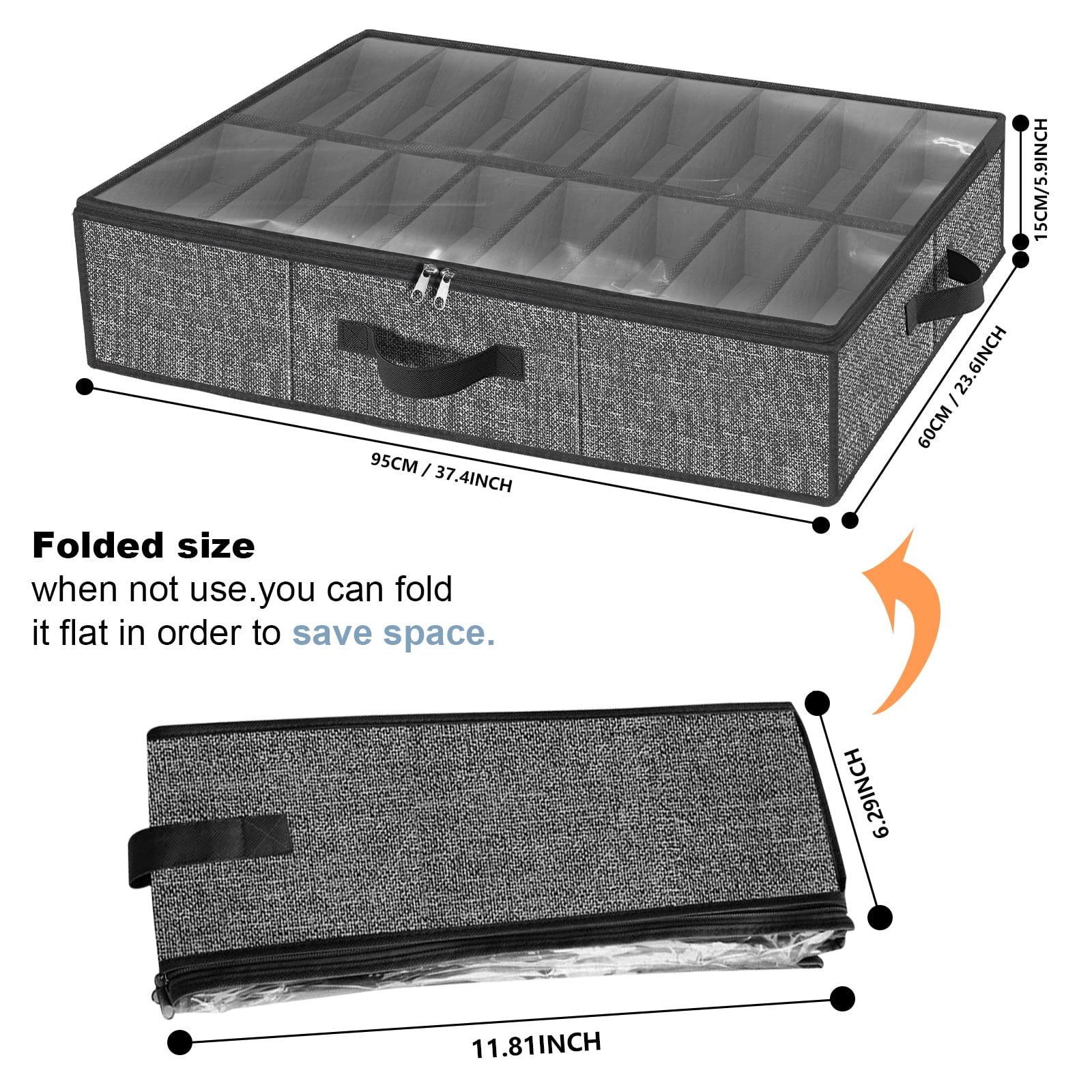 Homyfort 32 Pairs Under Bed Shoe Storage Organizer , Foldable Underbed Shoes Rack Container Box with Clear Window Handles for Men ,Women ,Kids (Rhombus Gray)
