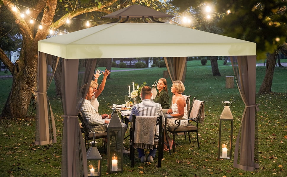 10'x10' Gazebo Outdoor Canopy Tent with Curtains and Shelter for Patio,Beige
