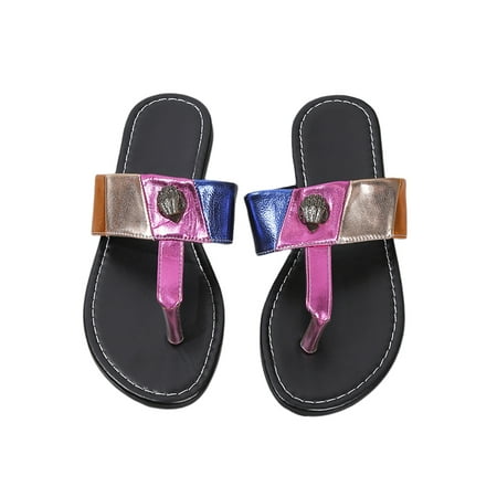 

Lumento Ladies Flat Sandals T-Strap Flip Flops Slip On Thong Sandals Vintage Summer Beach Slides Shoes Colorful 8