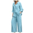 thumbnail image 2 of UPPADA 2 Piece Outfits for Womens Summer Outfits 2025 Dressy Casual Half Sleeve Button Down Shirt Wide Leg Pants Lounge Set Sky Blue,XXXL, 2 of 7