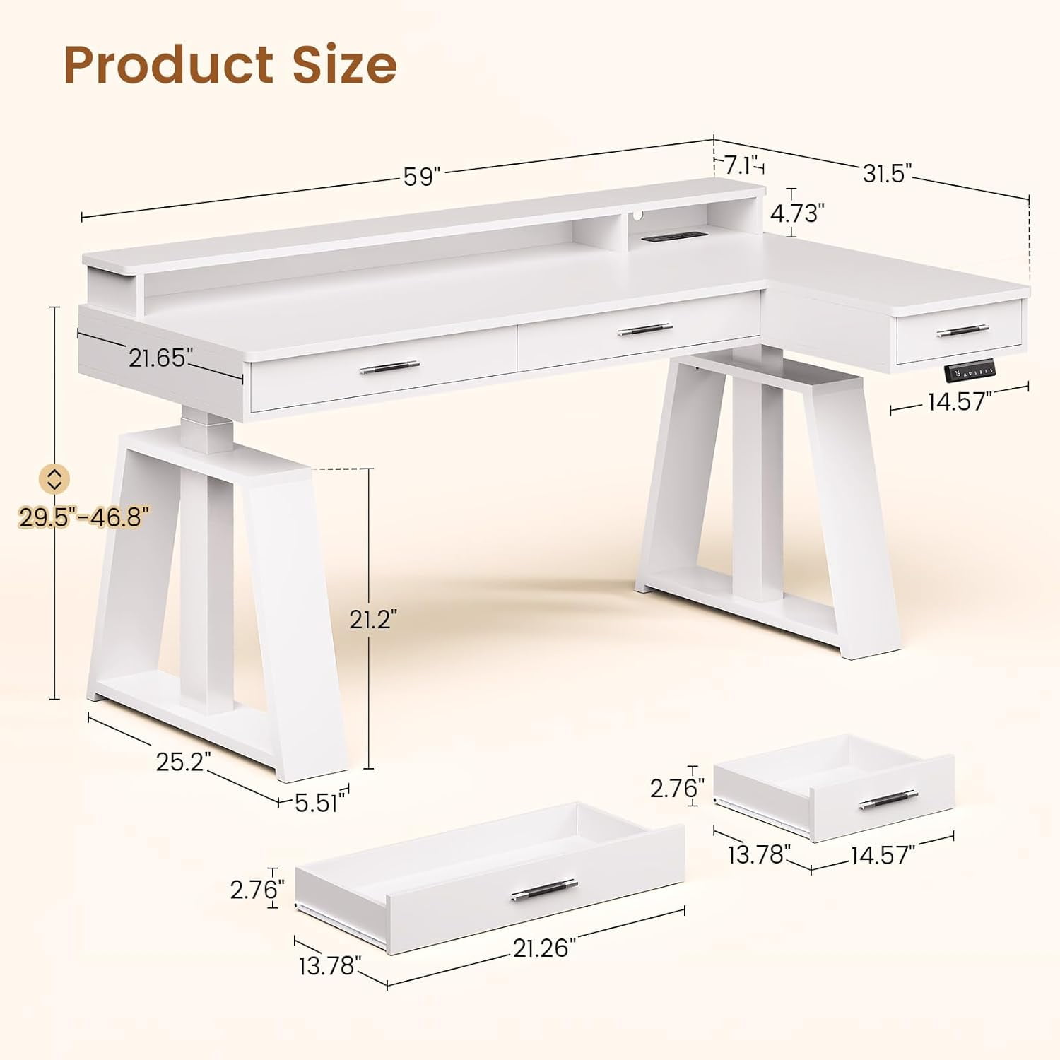 Modern Standing Desk with Drawers, Height Adjustable Computer Desk with Power Outlets, LED Lights & Monitor Stand, Stand Up Corner Gaming Desk, Home Office Desk with Storage, White
