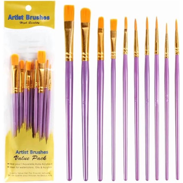 Juego de 10 pinceles de plástico con tubo de aluminio para pintar al óleo, acuarela y manualidades (18,5 cm)