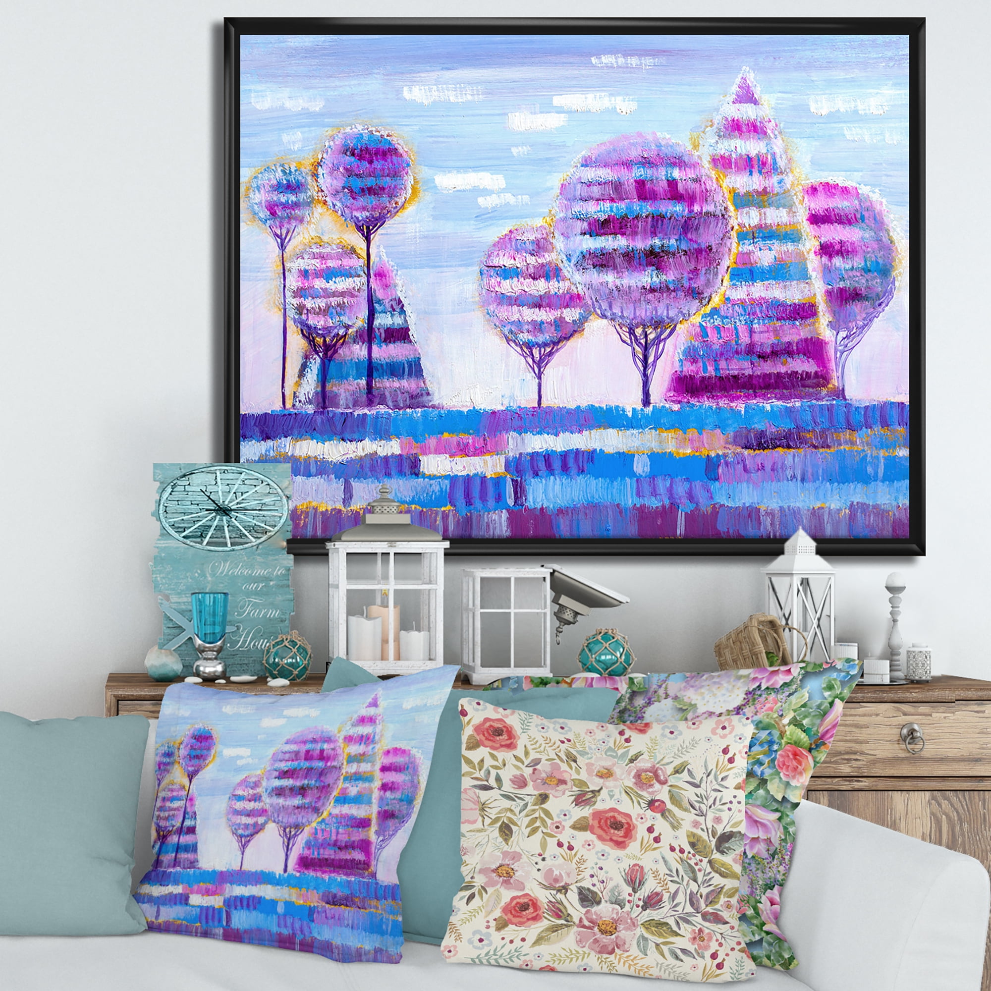 Designart 'Purple Coloured Tree Impression Landscape I' Modern Framed Canvas Wall Art Print