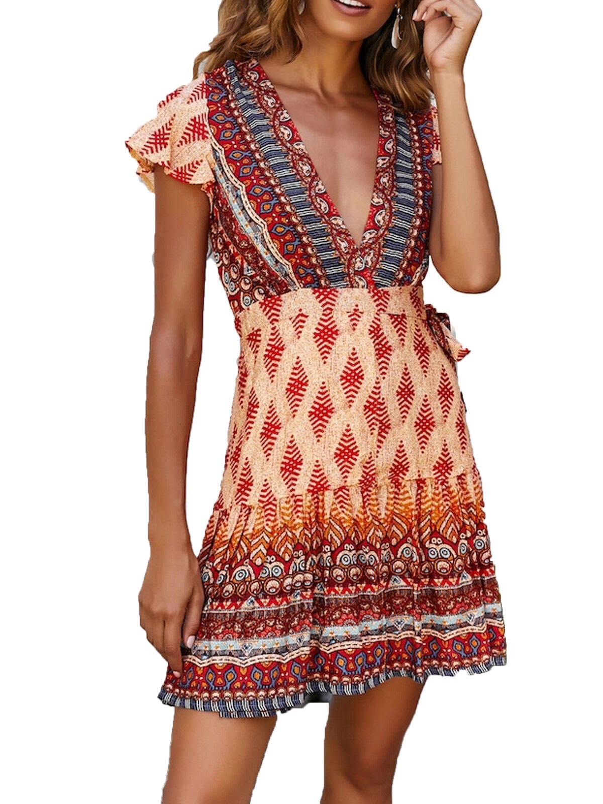 Ehpow Women V Neck Boho Floral Mini Dress Summer Short Sleeve Wrap Sash Beach Dress