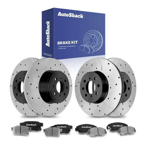 AutoShack Front Vented & Rear Solid Drilled & Slotted E-Coated Brake Rotors   Ceramic Pads 12-PC Brake Kit Replacement for 1999-2000 Honda Civic ShadowGuard