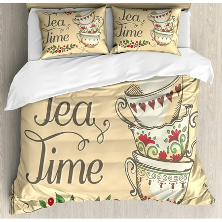 Champagne Bedding Tea Duvet Cover Set Queen Size, Ornamental Coffee Tea Cups with Flowers Berries Swirl Leaf Ceramics, Decorative 3 Piece Bedding Set with 2 Pillow Shams, Champagne Vermilion Green, by Ambesonne ()