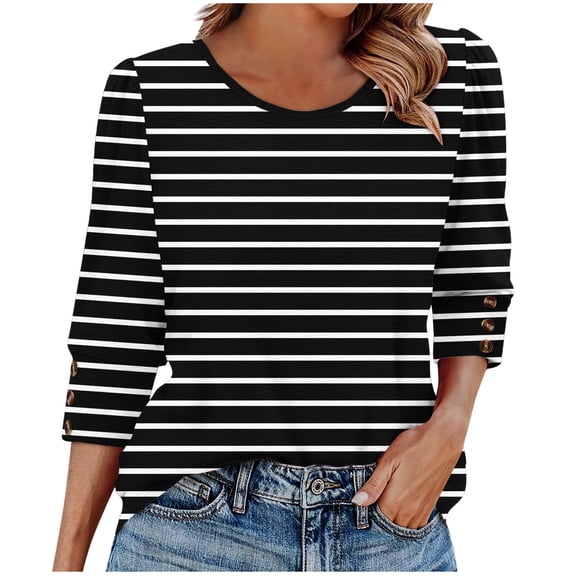 Jsaierl 3/4 Length Sleeve Womens Tops Casual Button Up Round Neck Shirts Cute Striped Petite Blouses Going Out Cotton T-shirts Top S-3XL