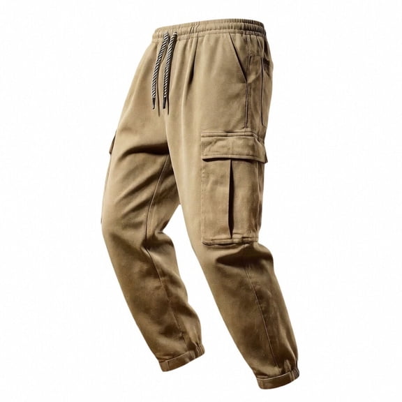 Hurxie Mens Work Cargo Joggers - Casual Travel Pants Pockets Classic Slim Fit Khaki,L