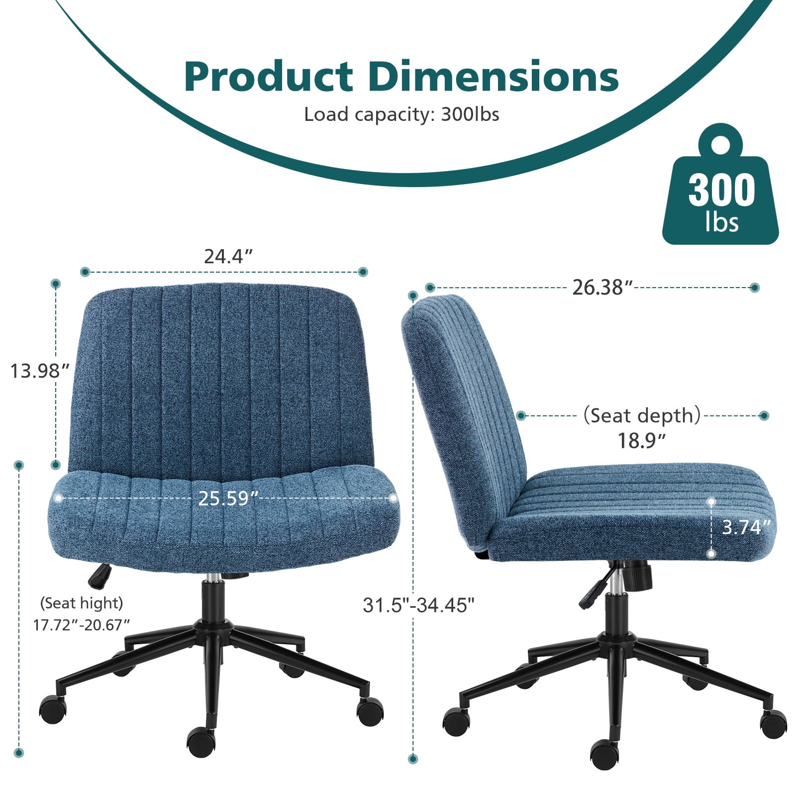 JIOABL Criss Cross Chair with Wheels,Wide Seat Ergonomic Desk Chair,U Shaped Backrest,Height Adjustable Armless Swivel Chair for Home Office,Vanity & Living Room,Linen Blue