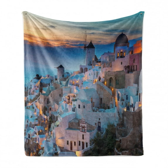 Landscape Soft Flannel Fleece Throw Blanket, Touristic Houses Traditional Architecture Composition at Sunset by the Ocean, Cozy Plush for Indoor and Outdoor Use, 70" x 90", Multicolor, by Ambesonne