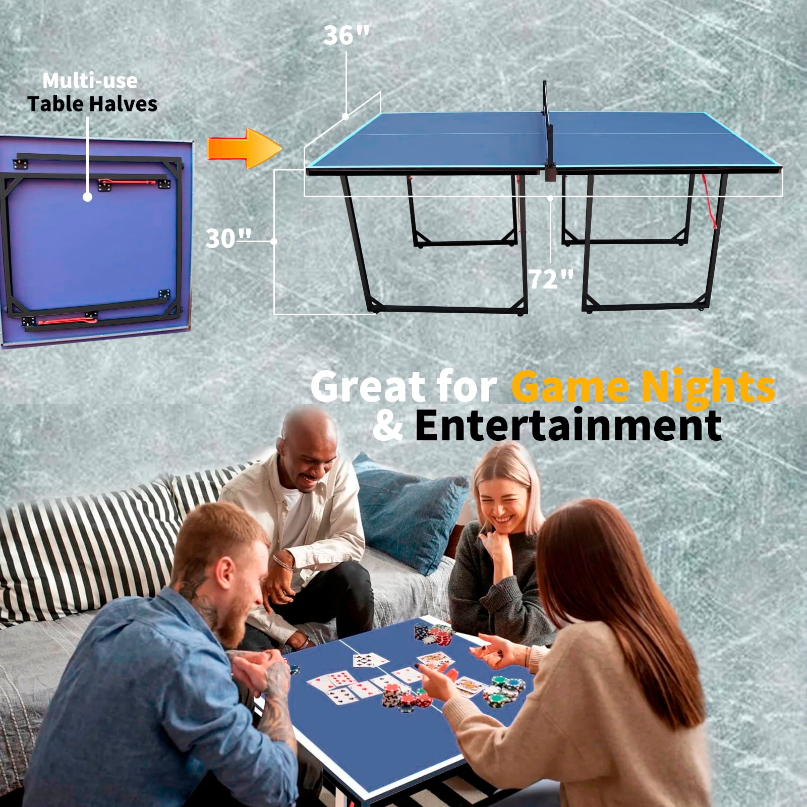 HooKung 6FT Mid-Size Table Tennis Table, Foldable & Portable Ping Pong Table Set for Indoor & Outdoor Games with Net, 2 Table Tennis Paddles and 3 Balls
