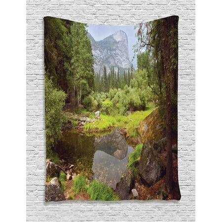 Yosemite Tapestry, Small Spring Forest Distant Mountain Picture of Yosemite National Park Landscape Print, Wall Hanging for Bedroom Living Room Dorm Decor, Green, by (Best Camping Green Mountain National Forest)