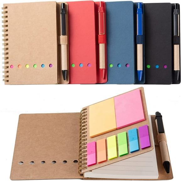 WILFANS 4 Packs Spiral Notebook Steno Pads Lined Notepad with Pen in Holder, Sticky Notes, Page Marker Colored Index