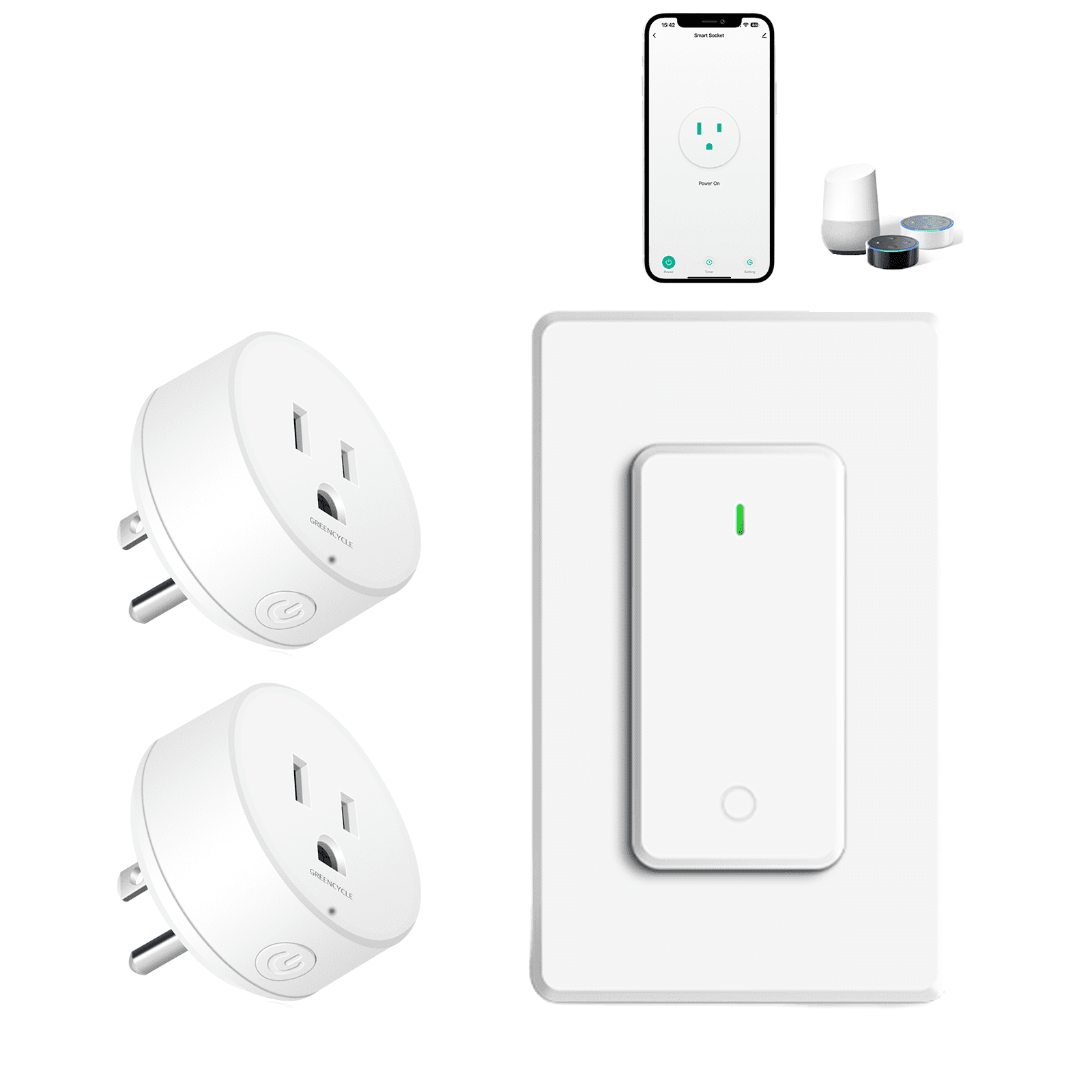 GreenCycle WiFi Smart Outlet Plug with Remote,Detachable Wall-Mounted Switch,Works with Alexa & Google Home,Tuya/Smart Life App,15A/1500W,ETL/FCC Listed,2.4GHz Only,Remote Control from Anywhere