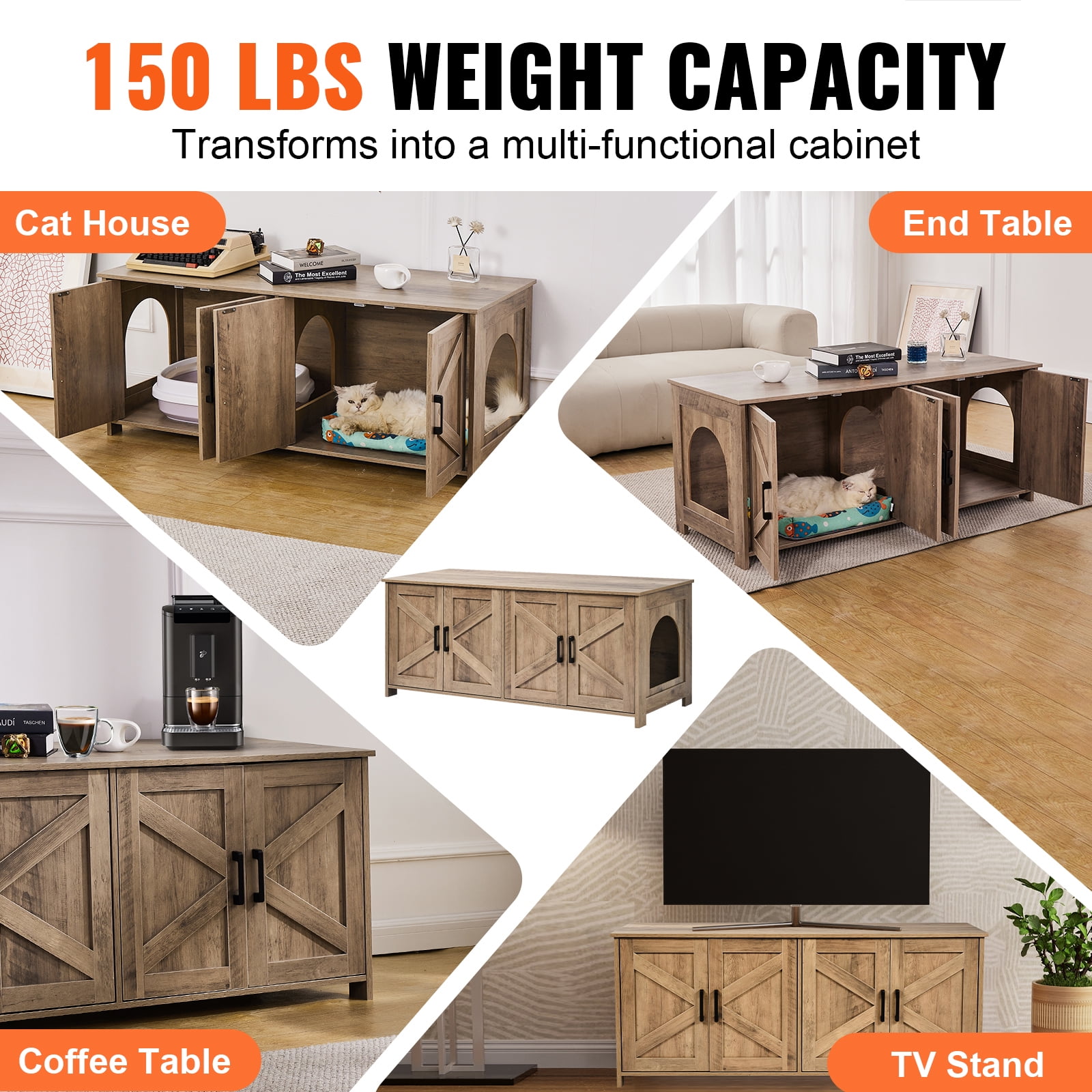 KFFKFF Dual Cat Litter Enclosure, Spacious Hidden Litter Box Cabinet, Double Chamber Wood Design, Fits Standard Litter Boxes, 47.2"L x 18.5"W x 19.7"H, Greige