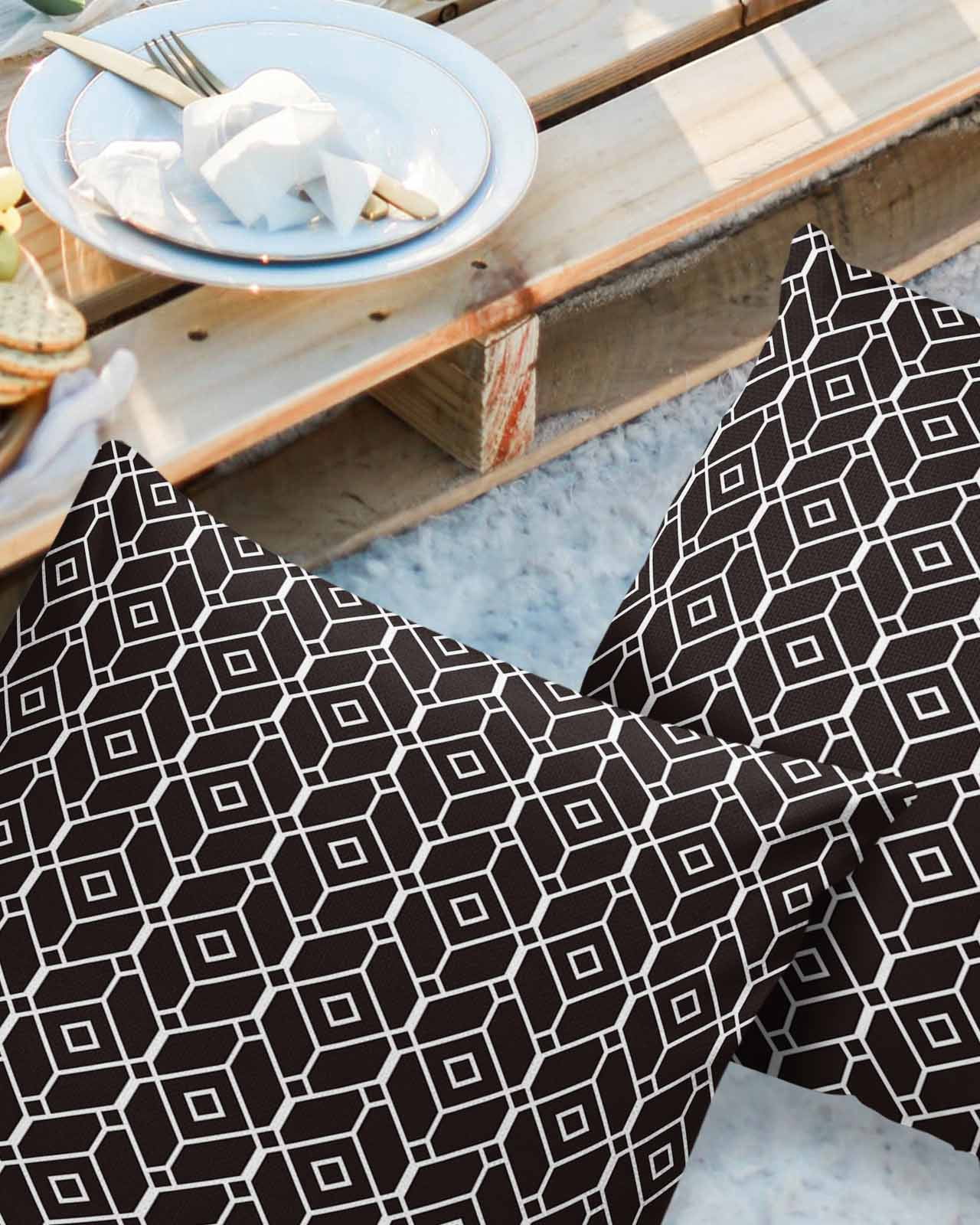 Pack of 2 Outdoor Pillow Covers, Black Modern Geometic Texture Waterproof Square Throw Pillowcase Cushion Decorative Pillow Covers for Couch Patio Tent, 16x16 in