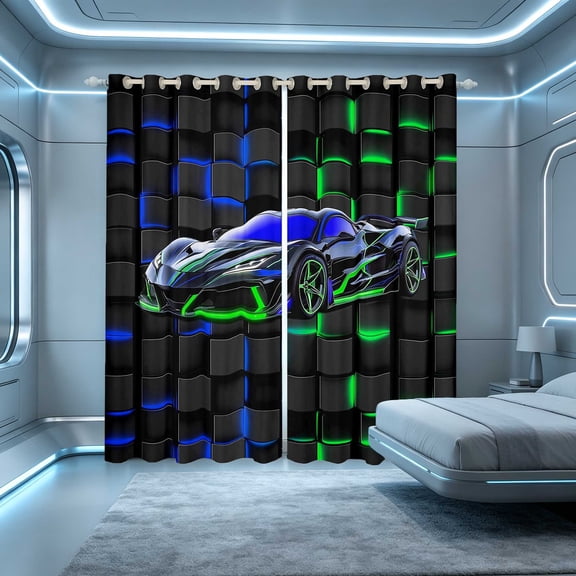 Erosebridal Sports Car Blackout Curtains, Neon Cube Window Curtains Pack of 2 (38x45 Each), Green Blue Cube