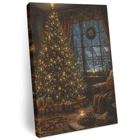 Christmas Winter Canvas Wall Art for Living Room, Rustic Illuminated Christmas Tree Fireplace Poster Print Painting for Bedroom Office Home Decoration Wall Pictures Prepare To Hang 16"x24"