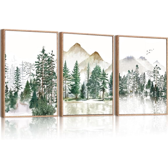 TOARTi Large Framed Mountain Wall Art Watercolor Forest Landscape Painting Green Nature Prints Art Rustic Wall Decor Set of 3 for Living Room Bedroom Office 16x24 Inch