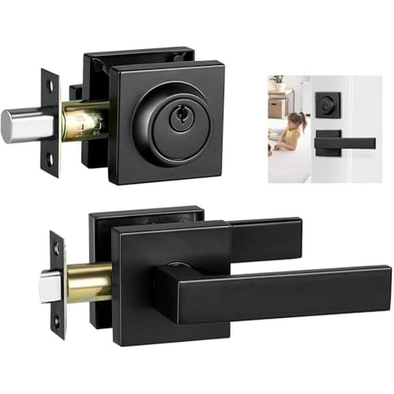 Front Door Lock Set Exterior Door Lock Set, Black Door Handle with Deadbolt, Heavy Duty Square Door Knob with Lock for Front Door(Matte Black,1Pack Set)$$Tools & Hardware Other