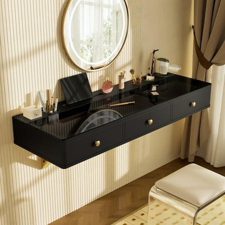 47" Floating Shelf with Drawer, Multi-Purpose Wall-Mounted Vanity Table, Mounted Desk, Floating Table for Bedroom, Bathroom, Hairdressers, Black and Golden